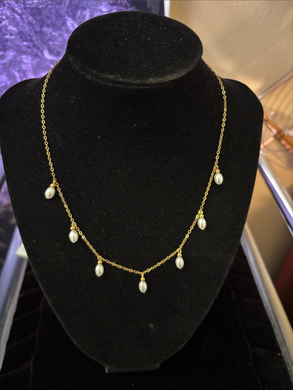 Gold Chain Necklace with White Pearl Drops